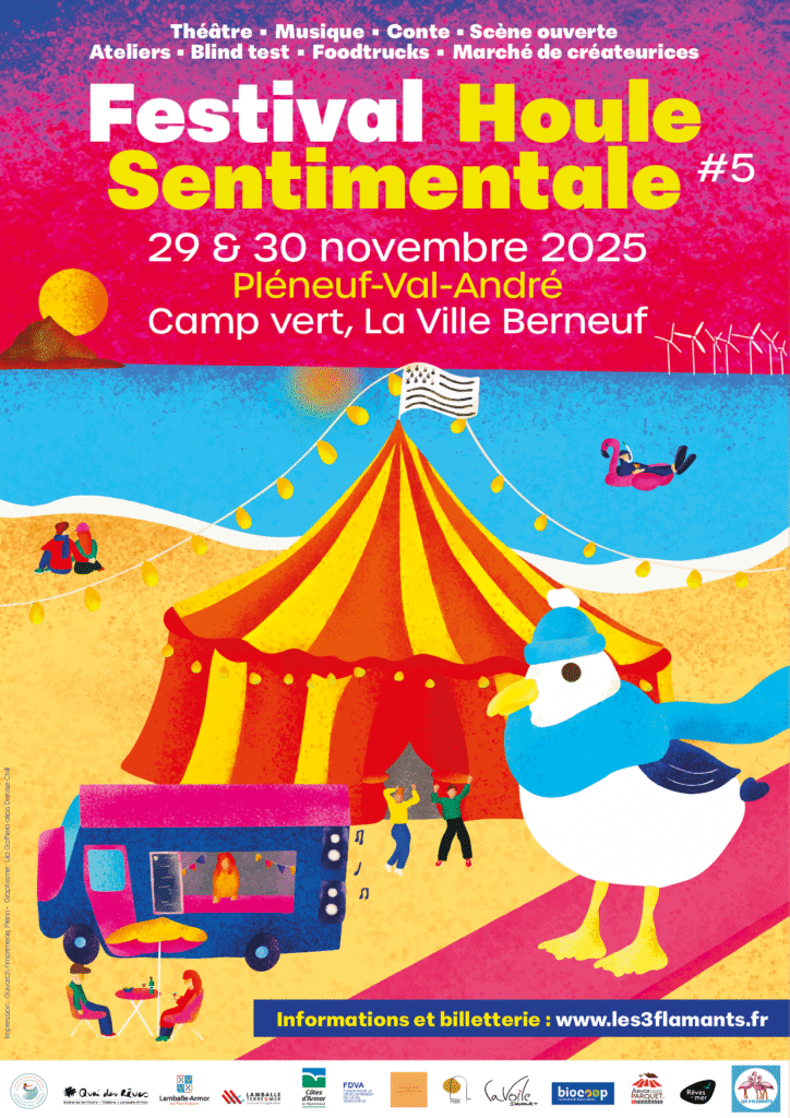 Affiche du festival Houle Sentimentale 2025 par Lila Gaffiero, festival de théâtre musique danse cirque conte à pleneuf-val-andre, 22370 côtes d'armor